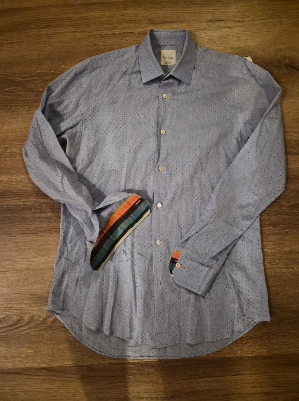 Paul Smith Light Blue Long-Sleeve Button Shirt with Multicolor Cuff 15.5